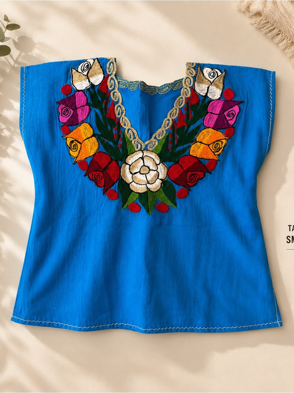MEXICANA Bright Blue Embroidered Floral V-Neck Top